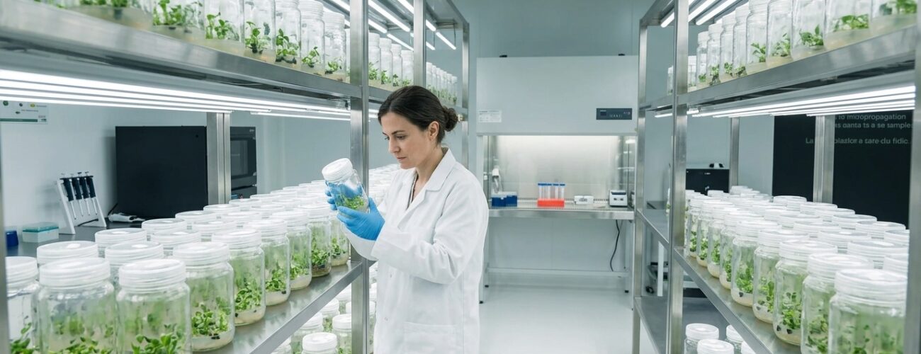 A scientist in a sterile micropropagation laboratory inspecting tissue culture plantlets growing in aseptic vessels under controlled light.