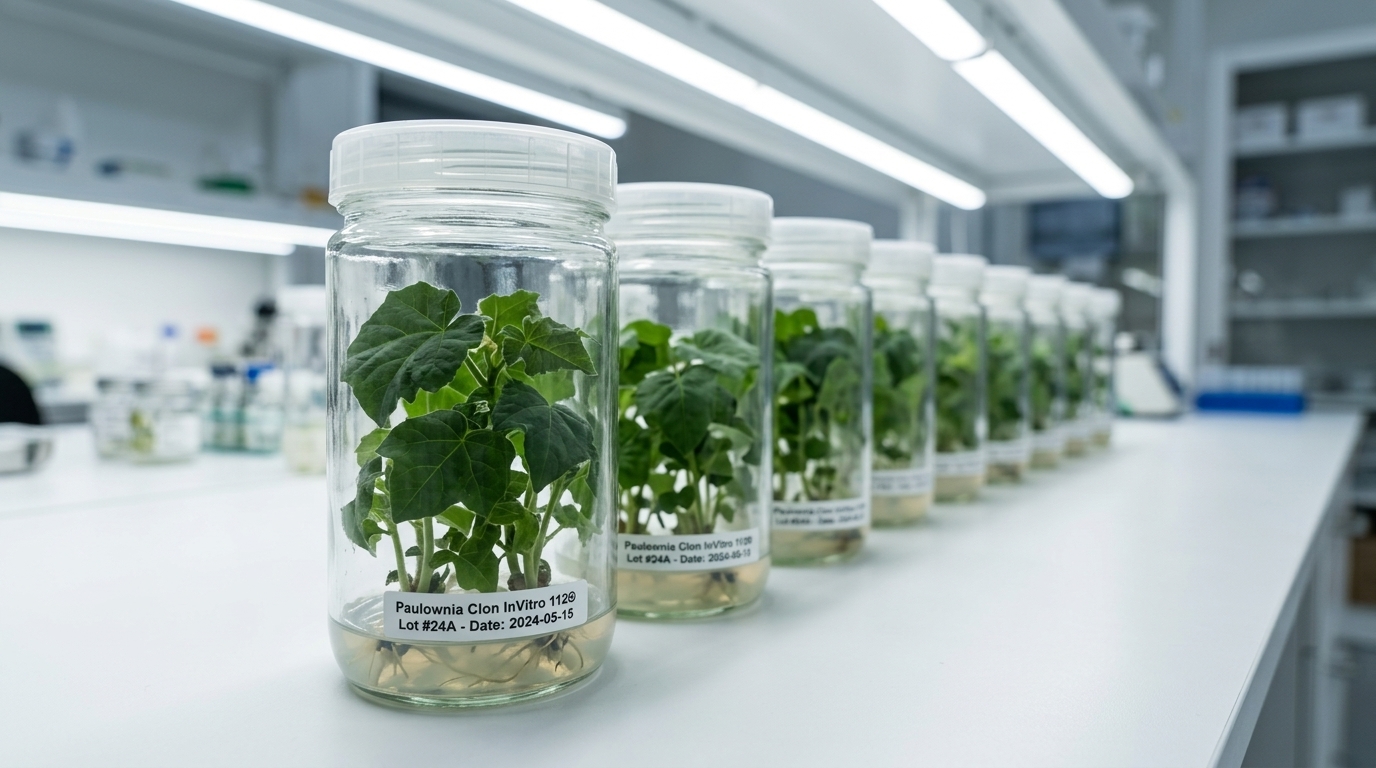 A close-up scientific shot of healthy, genetically stable Paulownia Clon InVitro 112® plantlets growing in sterile tissue culture vessels under controlled laboratory lighting.