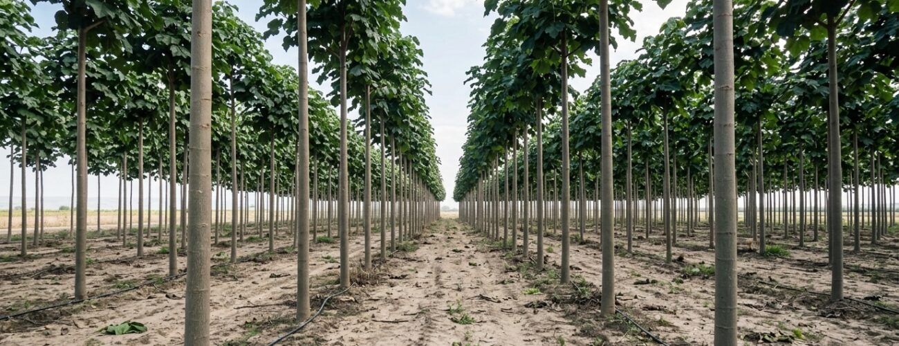 A well-structured commercial plantation of Paulownia Clon InVitro 112 trees showing straight cylindrical trunks and lush foliage in a structured grid layout.