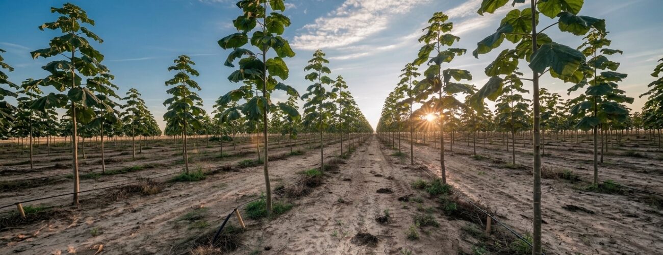 Aerial view of a structured Paulownia Clon InVitro 112® plantation showing precise row spacing grid for commercial timber production.