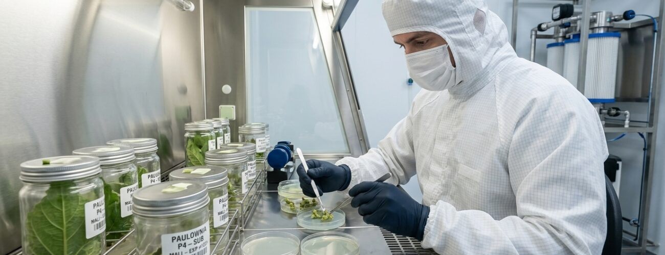 Laboratory technician working inside an ISO cleanroom laminar flow hood performing micropropagation subculturing.