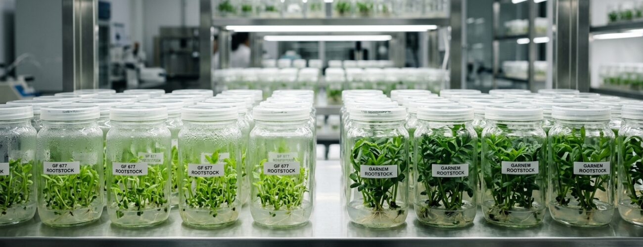 Micropropagated plantlets of GF 677 and Garnem rootstocks growing in sterile glass containers under specialized LED lights in a clean plant tissue culture laboratory. · AI-generated