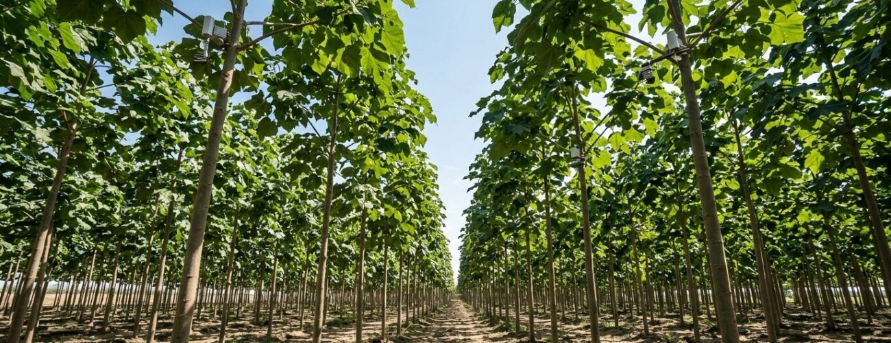 A lush, fast-growing Paulownia Clon InVitro 112 plantation with dense foliage under scientific canopy monitoring for carbon sequestration.