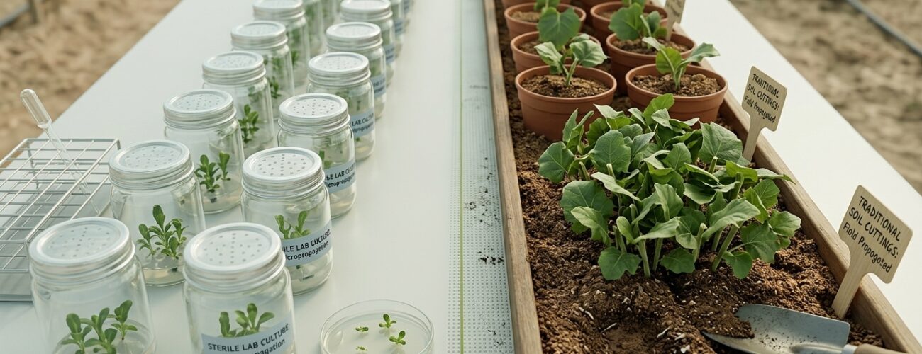 Comparison of sterile in vitro micropropagation plantlets in laboratory culture jars alongside traditional green plant cuttings in soil. · AI-generated