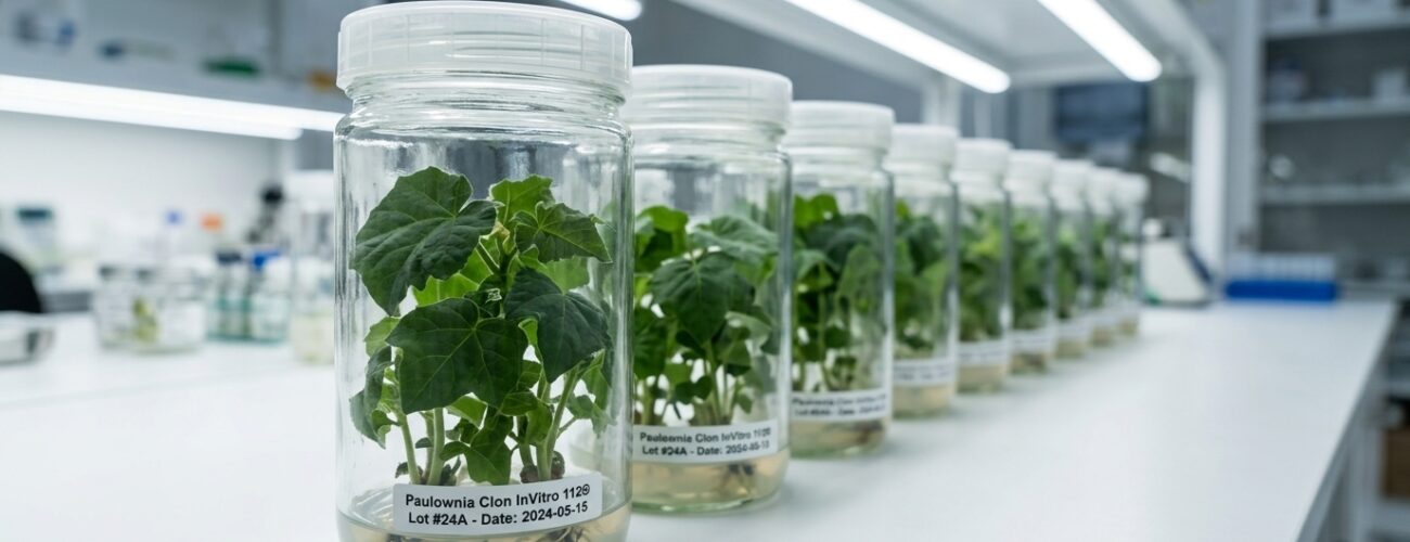 A close-up scientific shot of healthy, genetically stable Paulownia Clon InVitro 112® plantlets growing in sterile tissue culture vessels under controlled laboratory lighting.