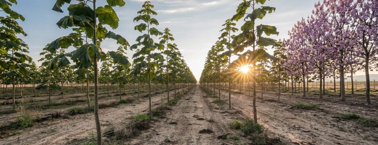 A healthy commercial plantation of Paulownia Clon InVitro 112® trees displaying straight, cylindrical trunks and rapid canopy growth in a field trial.