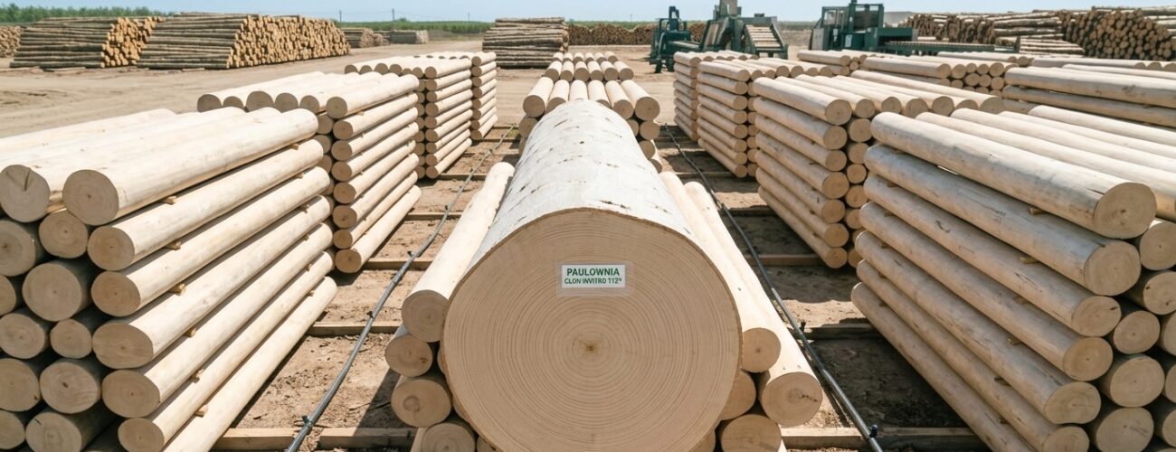 Stacked, clean-cut logs of Paulownia Clon InVitro 112® timber showing straight grain and uniform cylindrical trunks at a commercial wood processing site. · AI-generated