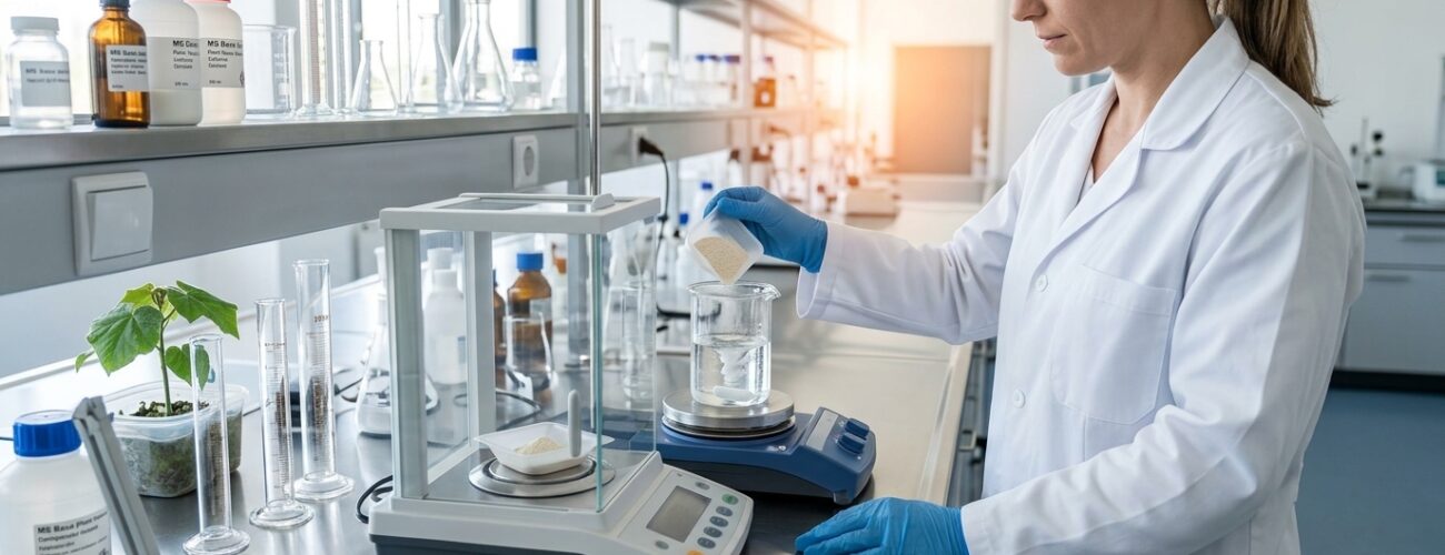 A research technician in a laboratory preparing Murashige and Skoog tissue culture media in a beaker. · AI-generated