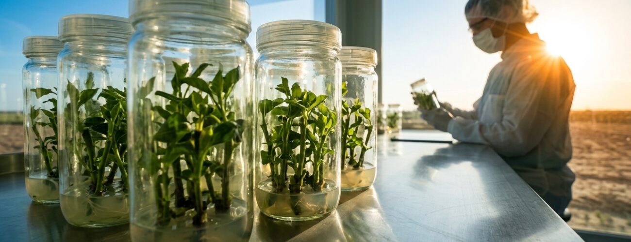 A laboratory technician inspects certified virus-free fruit tree rootstock plantlets growing in sterile culture vessels inside a commercial tissue culture facility. · AI-generated