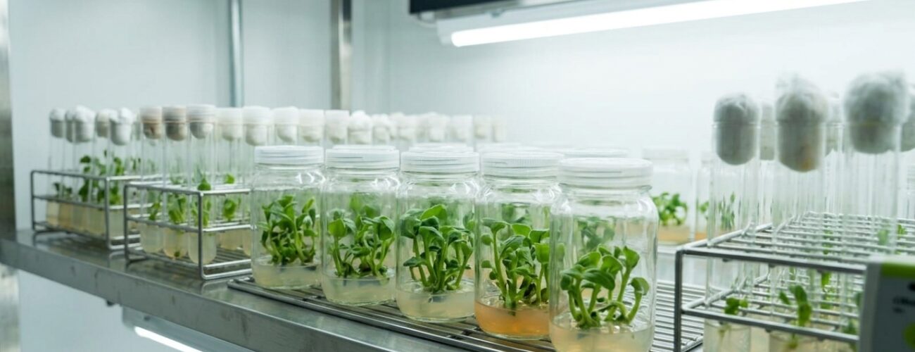 Modern plant tissue culture laboratory cleanroom showing laminar flow hoods, aseptic transfer equipment, and sterile culture vessels under LED lighting. · AI-generated