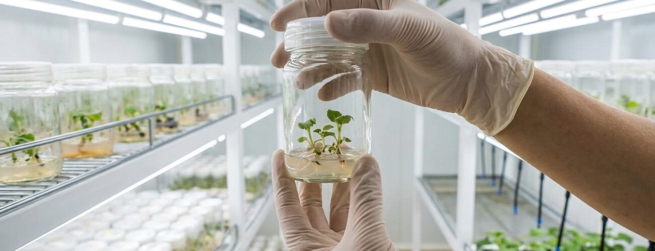 Laboratory technician handling sterile micropropagation culture vessels in a tissue culture cleanroom. · AI-generated