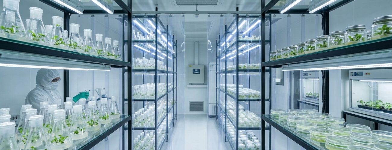 A sterile plant tissue culture laboratory featuring micropropagated plantlets in sealed vessels under controlled growth lighting. · AI-generated