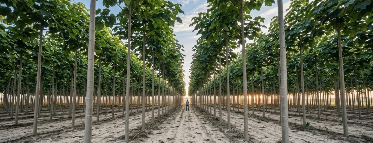 A healthy, uniform commercial timber plantation of micropropagated Paulownia Clon InVitro 112 trees with straight trunks under clear blue sky. · AI-generated